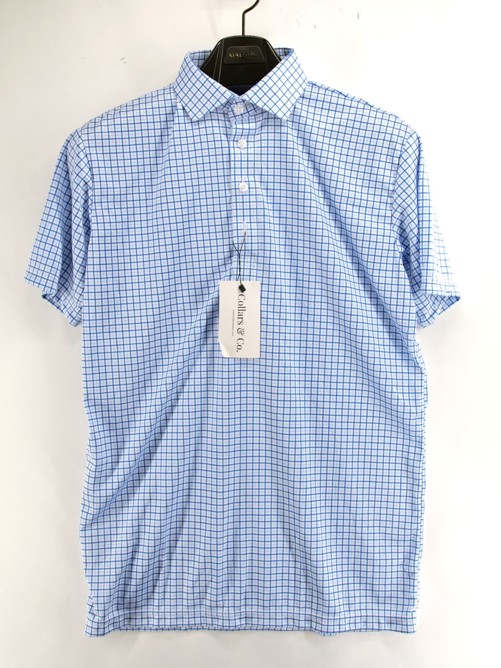 Collars and Co Mens Dress Collar Stretch Polo Shirt Size Small Blue Check